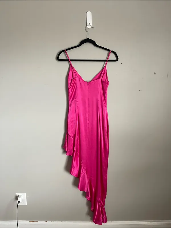 BARDOT Hot Pink Ember Satin Asymmetric Ruffle Midi Slip Dress Sz 4 - Image 7