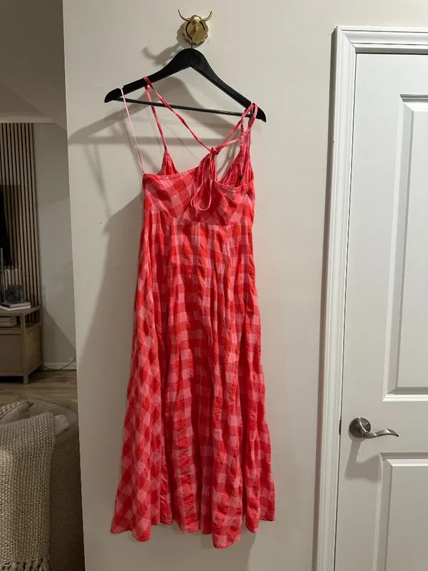 FREE PEOPLE Via Gingham Cotton Seersucker Sundress Red Combo Everly X-Small NWT - Image 8