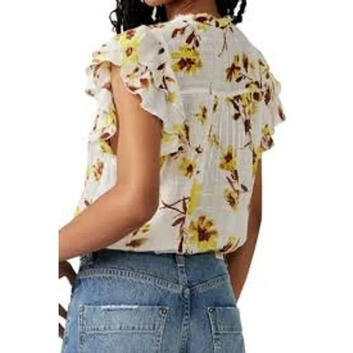Free People Blouse Womens Small White Floral FP‎ One Adella Ruffle Boho Top - Image 4