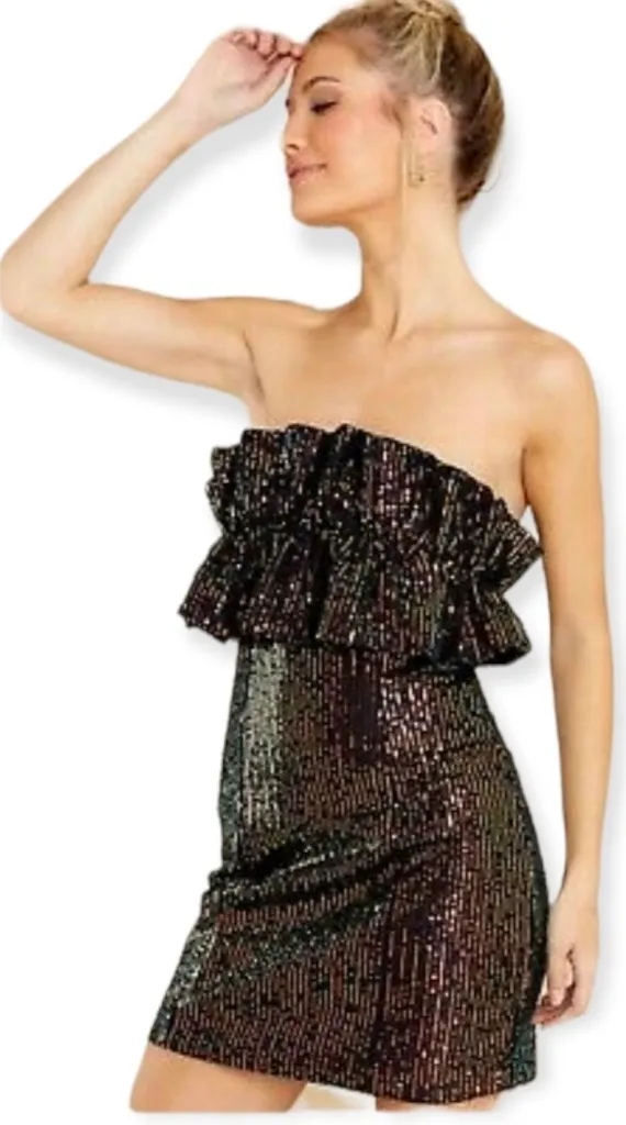 DO+BE Strapless Sequin Ruffle Detail Cocktail Mini Dress Black - Image 5