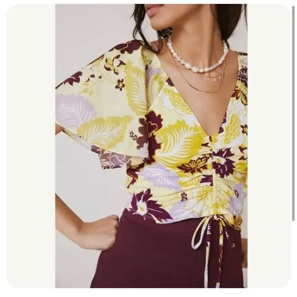 Maeve Anthropologie cinched yellow floral flutter sleeve tie top - Image 2