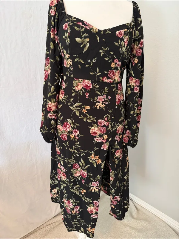 Forever 21 Black Floral Long-Sleeve Midi Dress with Pink Roses - Image 3