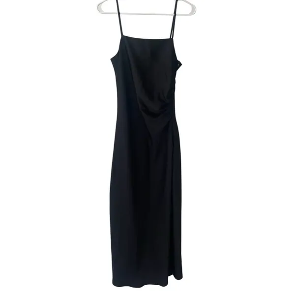 Grade & Gather Black Silky Slip Dress Gathered Side Maxi Side Slit - Image 4