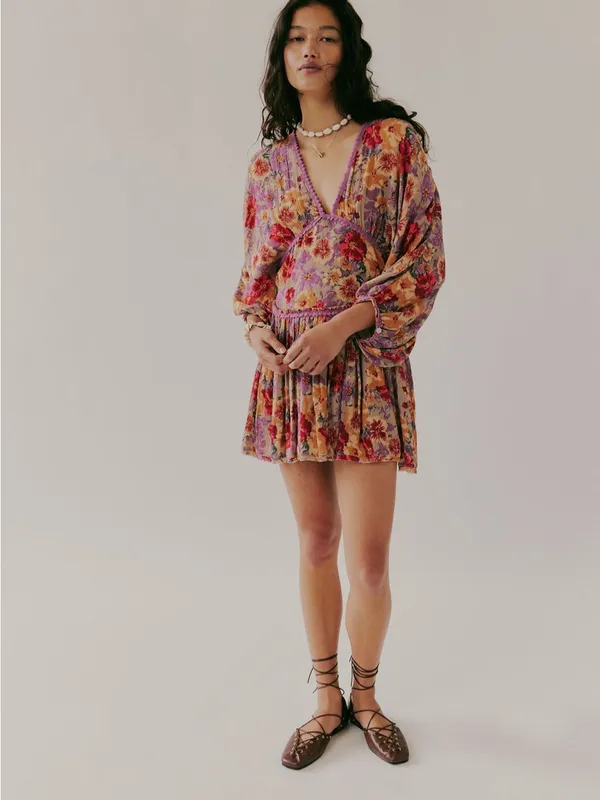 Free People Floral V-Neck Mini Dress in Lavender & Peach - Image 2