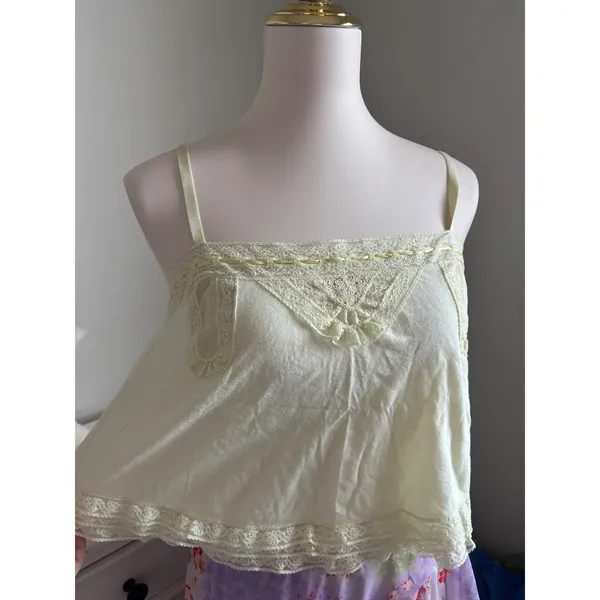 Lace Trim Cami Top Sparkle & Fade Pastel Yellow Babydoll Cottagecore Tank Medium - Image 2