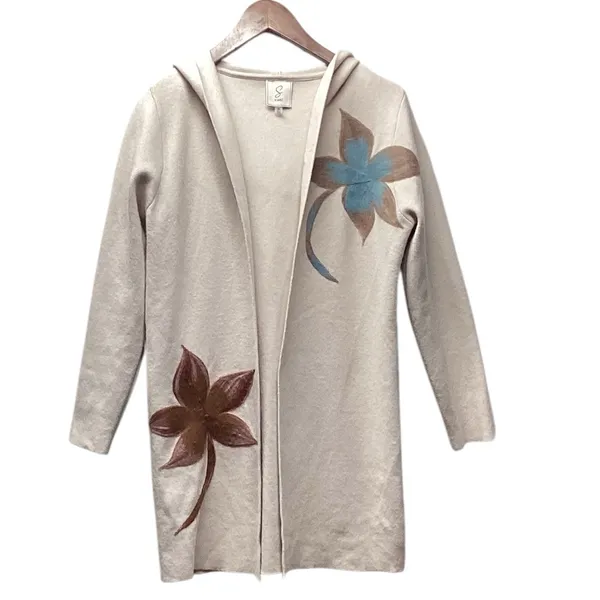 Sioni Intarsia knit long open hooded duster Size Medium Oatmeal. - Image 3