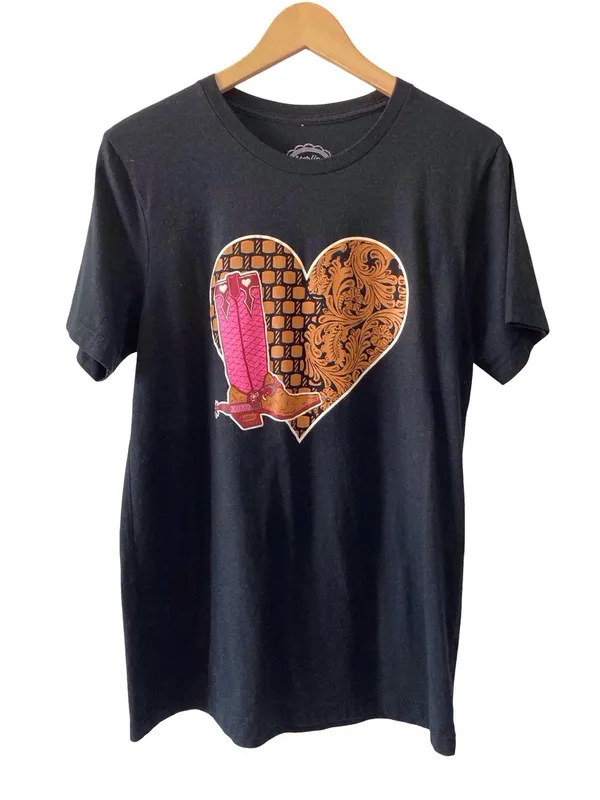 Sterling Kreek Cowboy Boot Heart Graphic Tee Women's M Black Western Country - Image 7