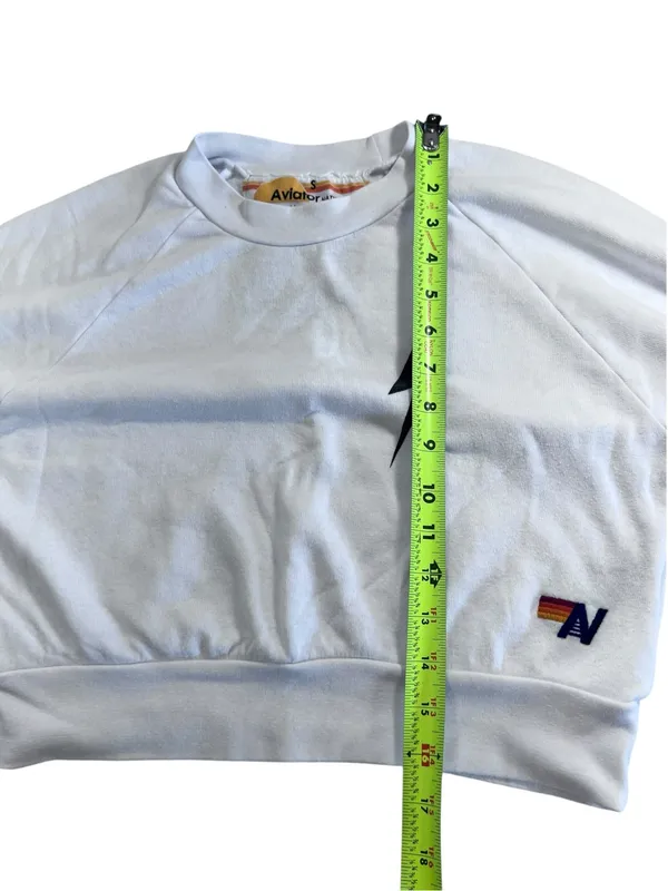 Aviator Nation White Cropped Sweatshirt Small Lightning Bolt Raglan Pullover USA - Image 9