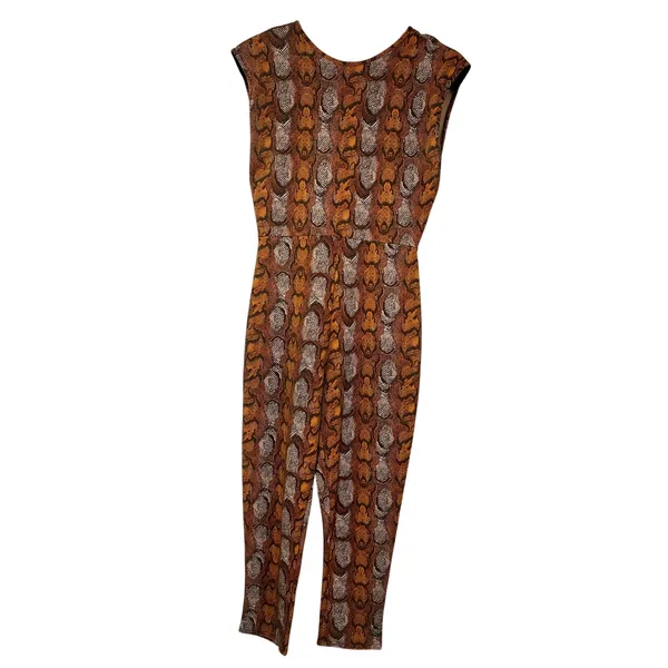 Boohoo Snake Print Cap Sleeve Tie Back Spandex Jumpsuit 12 Orange Tan - Image 2