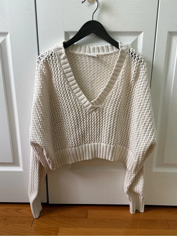 Aerie Offline Open Knit Crochet V-neck Cropped Sweater in Cream - Image 2