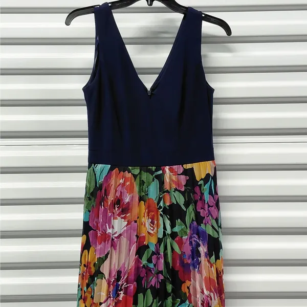 Xscape Womens Formal Evening Gown Size 4 Navy Floral Maxi Dress Wedding Party - Image 4