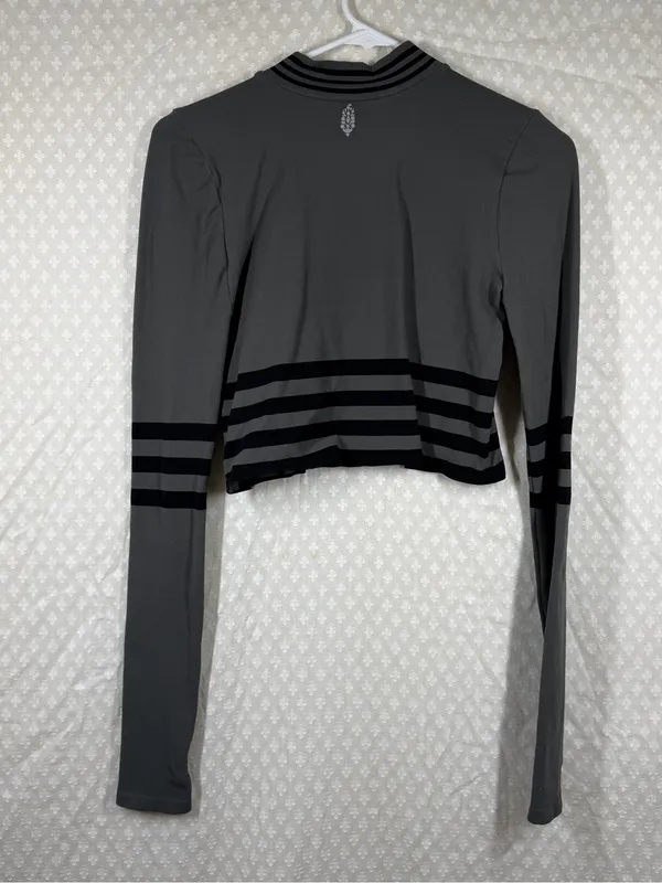 Free People Movement Grey Black Striped Crop Triumph‎ Mock Neck Top - Image 5
