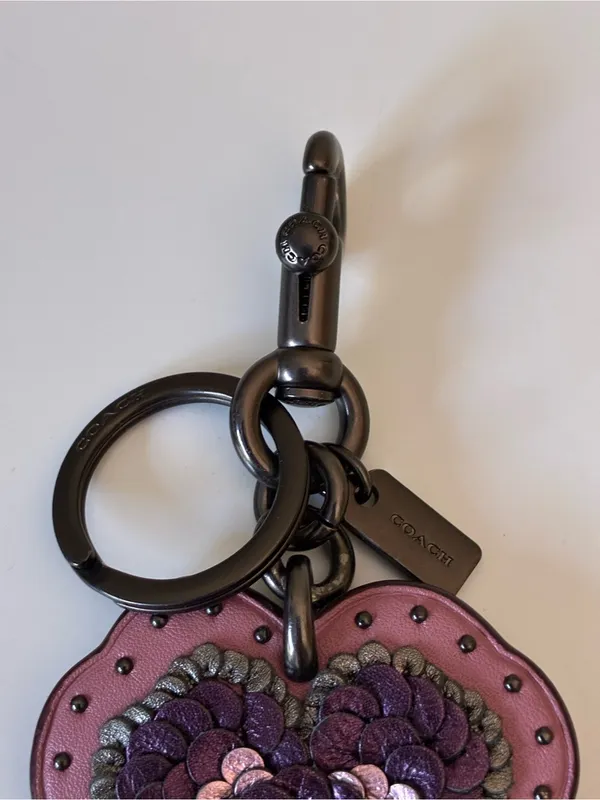Coach Leather Sequin Applique Tea Rose Key Ring Bag Charm, Pink / Purple, 32677 - Image 6