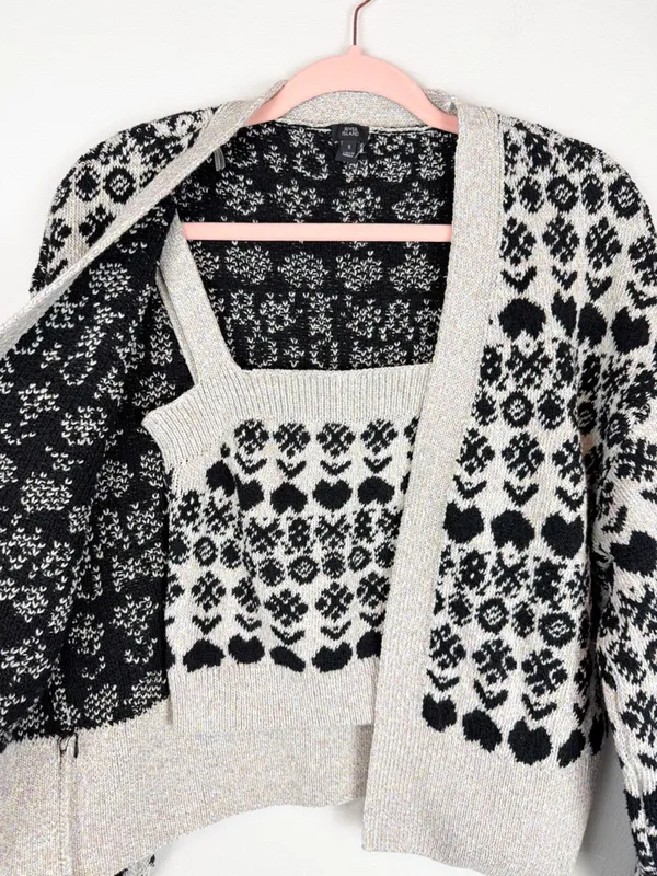 River Island Gray Black Fair Isle Patterned Cardigan Sweater Tank Matching Set - Image 5