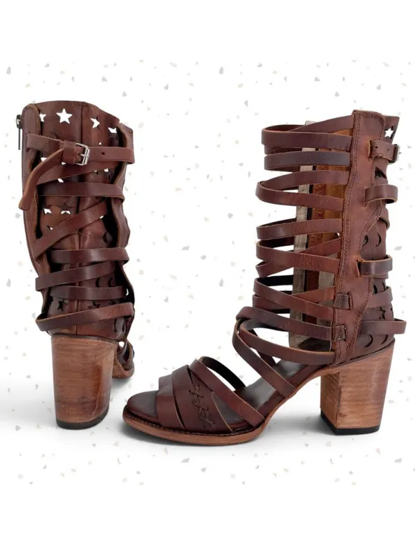 Freebird by Steven Makala Cognac Stars Moons Tall Leather Heeled Sandal Size 10 - Image 2