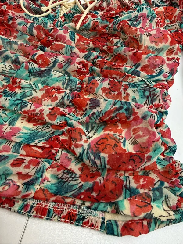 Free People Red Floral Square-Neck Ruffle Blouse size XS - Image 8