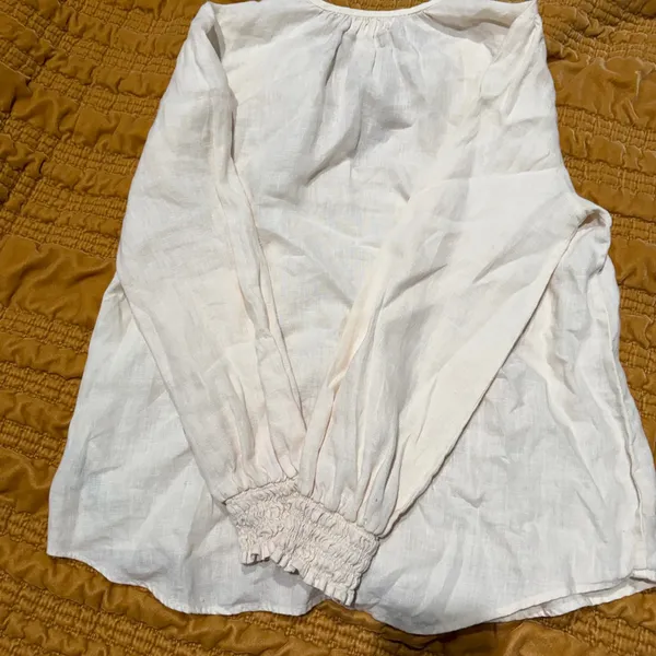 Cloth & stone anthropology tie neck peasant blouse 100% linen cream size small - Image 6