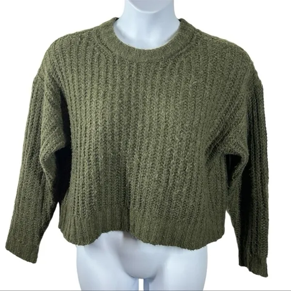 American Eagle Dark Green Chunky Knit Sweater | Small | Cropped Oversized Fit - Image 2