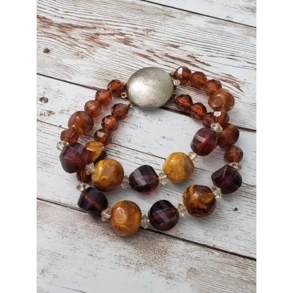 Vintage Bracelet - Amber Tones Clasp Bracelet Double Strand 8" - Image 2