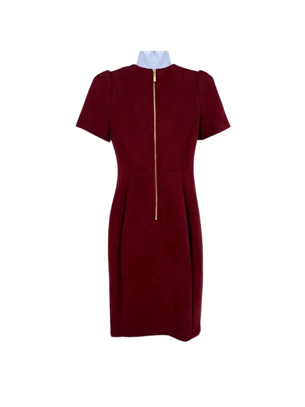 Calvin Klein Burgundy Faux Suede Sheath Dress Short Sleeve Gold Back Zip Size 2 - Image 5