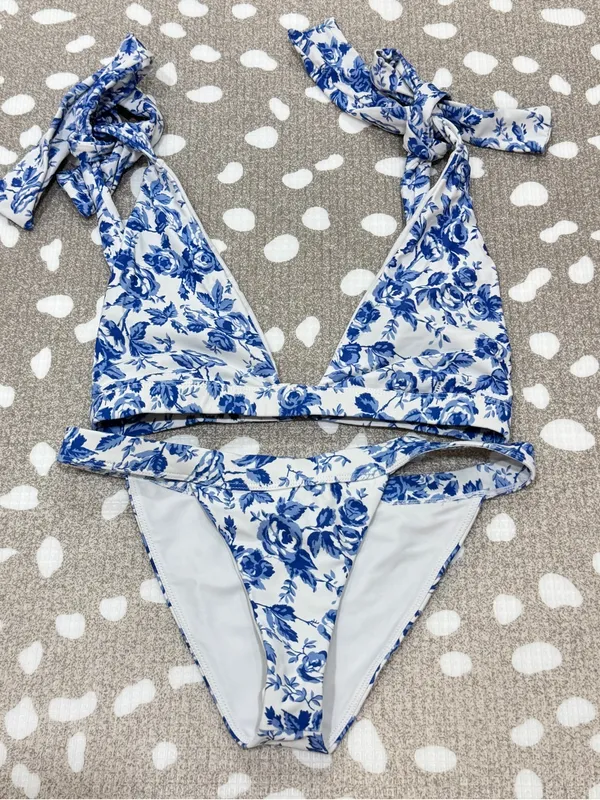 Lovers + Friends Bikini set Take Me Away tie triangle top Bottoms French Floral - Image 2