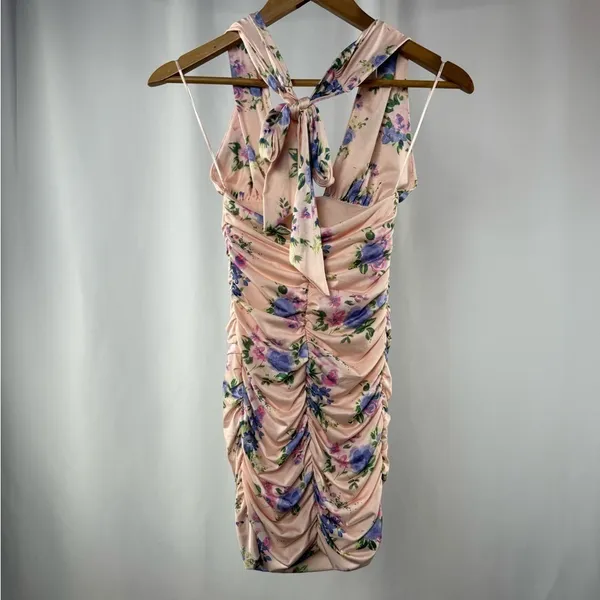 NEW Zara Floral Print Ruched‎ Mini Dress in Pale Pink Size Small - Image 6