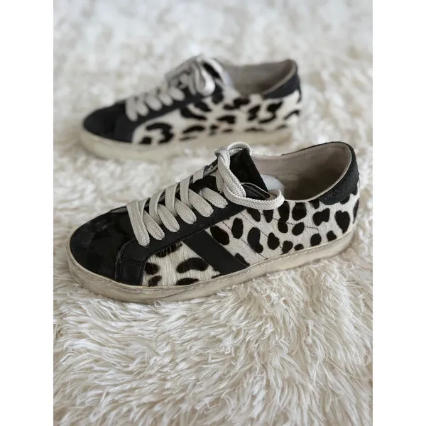 Animal‎ Print Sneakers, Black White Cow Hide Leather Upper, Fun Casual Shoes - Image 5