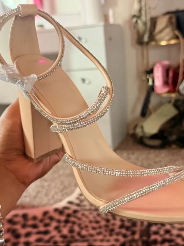 Elegant Blush Strappy Block Heel Sandals with Rhinestone Detail - Image 2