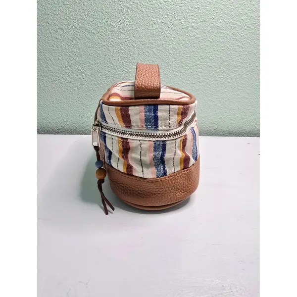 Striped Makeup Cosmetic Zipper with Handle‎ Beads Bag Brown - Image 3