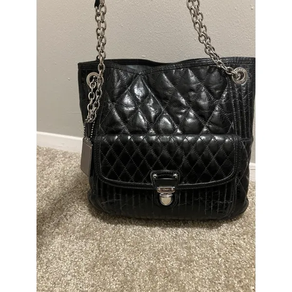 Vintage Coach Poppy Leather Slim Tote Bag‎ Sliding Chain Strap Purse Handbag Blk - Image 9