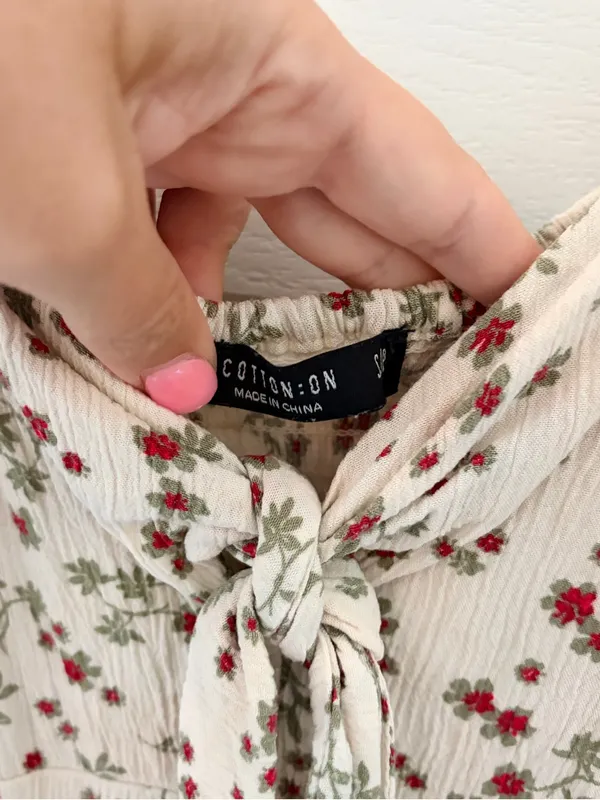 Cotton On Cream Floral Tie-Front Slip with Red & Green Print - Image 5