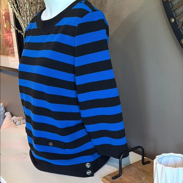 KARL LAGERFELD Vintage Blue & Black Stripe Knit Top Small Designer Grandmacore - Image 8