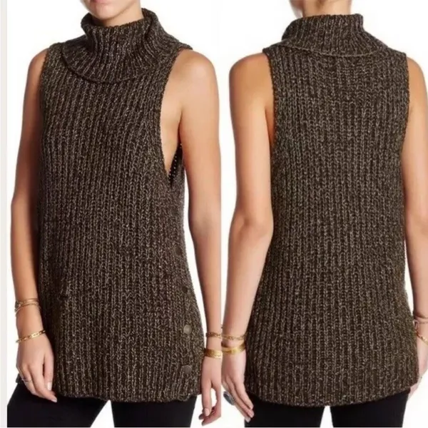 Free People Valentina Tunic Turtleneck Sweater Vest, Side Snaps, Browns - Image 4