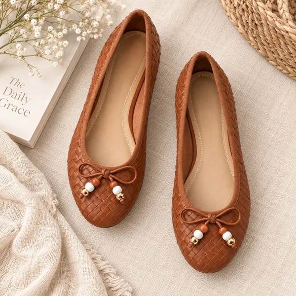 Universal Thread Merritt Woven Ballet Flats Cognac Brown Beaded Bow Size 7 - Image 2