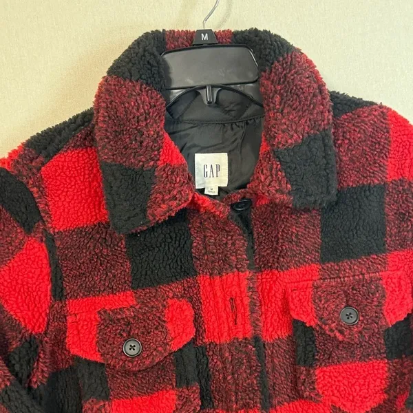 GAP Red and Black Plaid Teddy Jacket - Image 3