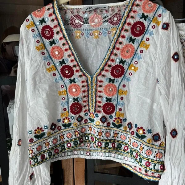 Zara Embroidered Set embellished beaded skirt top boho colorful long sleeve crop - Image 5