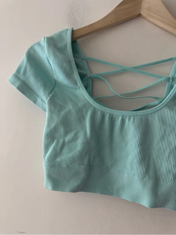 Aerie Mint Green Ribbed Strappy Back Crop Top - Image 3