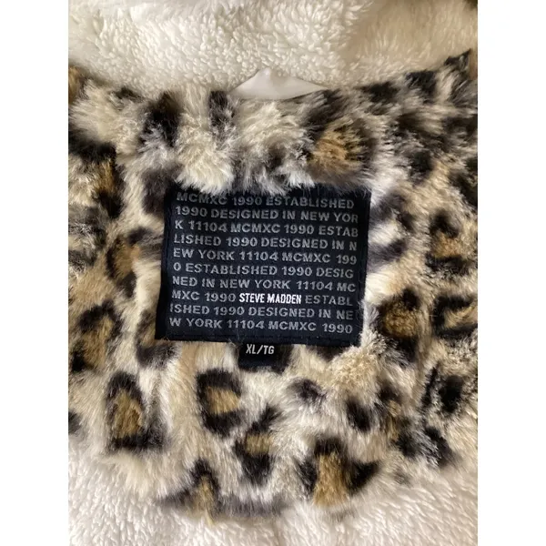 Steve Madden Leopard Print Faux Fur Coat‎ with Sherpa Collar Tan White XL - Image 4