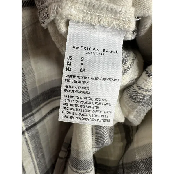 American Eagle Shirt Womens Small White Gray Plaid Hooded Button Front Flannel - Image 5