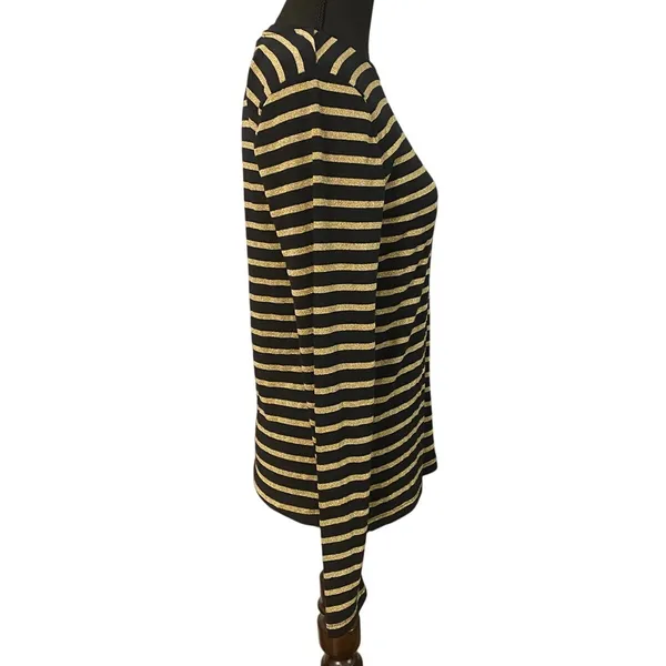 Lauren Ralph Lauren‎ Petite Holiday Long Sleeve Sparkle Gold Black Stripe Top PL - Image 2