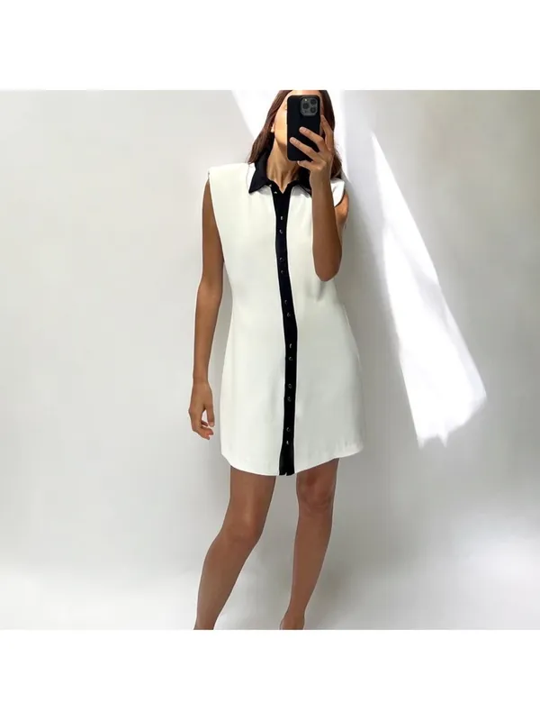 Zara White Mini Dress with Black Collar and Placket - Image 2