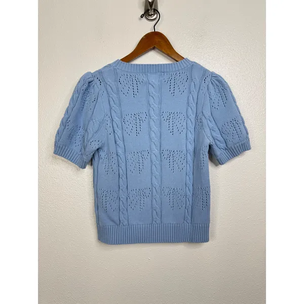 Pinch Light Blue Bow Print Short Sleeve Sweater Top Size‎ Small - Image 2