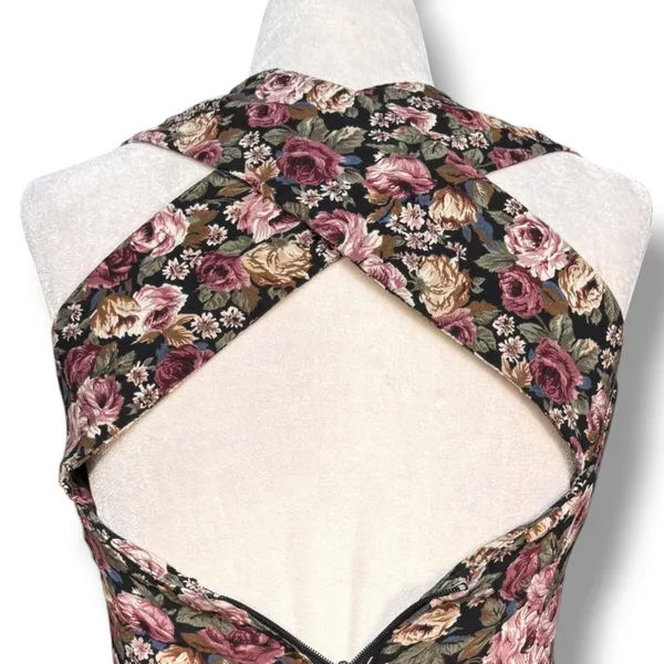 Vintage 90s All That Jazz Rose Floral Open Cross Back Maxi Dress Dark Romantic - Image 6