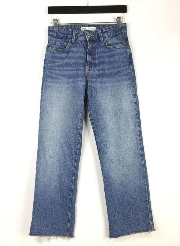 Zara Straight Leg Jeans 100% Cotton Raw Frayed Hem Size 2 - Image 4