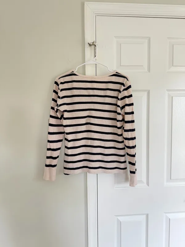 J. Crew Womens Waffle Thermal Henley Top Shirt Striped Blue Ivory Gold Button M - Image 8