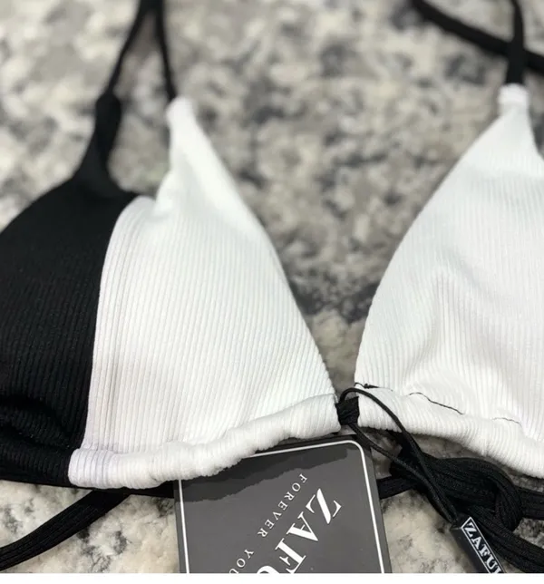 Zaful Monochrome Black & White Halter Bikini - Image 6