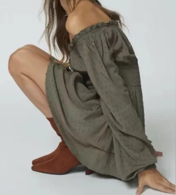#13 NWOT Urban Outfitters Clip Dot Smocked Long Sleeve Romper in Olive - Image 3