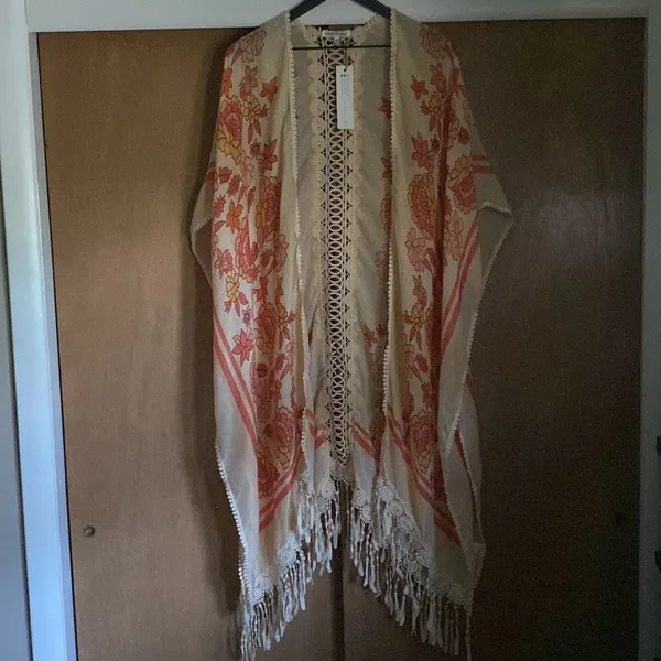 NWT Woven Heart boutique yellow floral tassel boho kimono, size XL - Image 6
