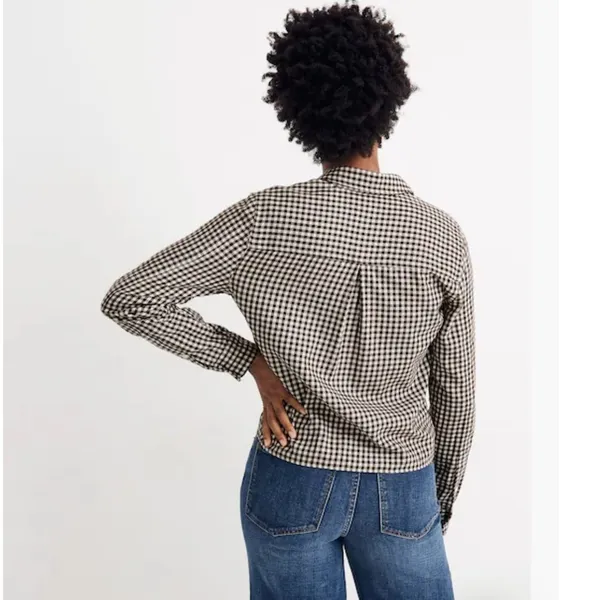 Madewell Brown Gingham Check Button Down Tie Front‎ Cotton Shirt AE769 Womens M - Image 4