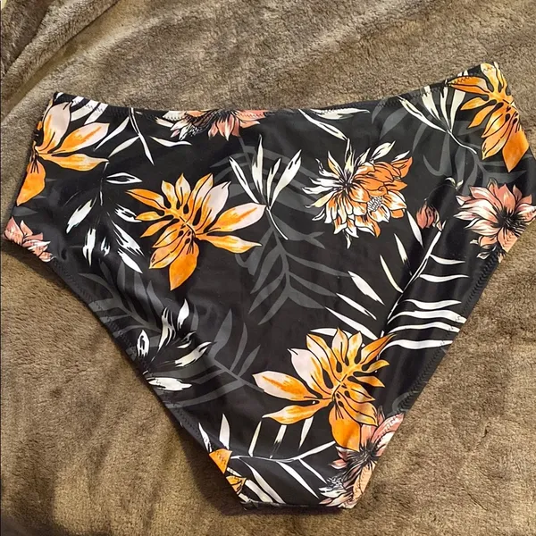 Black and Orange High-Waisted Bikini Bottoms with Floral Print - Image 2